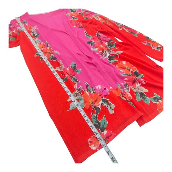 CHICOS Womens 2 Red & Pink Floral Long Sleeve Open Cardigan Kimono Long Duster - Picture 7 of 14